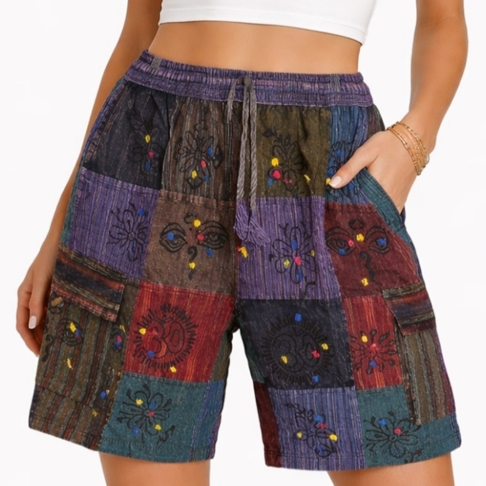 Rhea Patchwork Drawstring Shorts XL Boho Festival Style